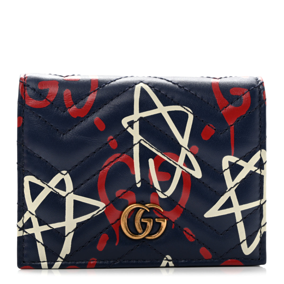 Calfskin Matelasse GucciGhost GG Marmont Card Case Blue Agata Hibiscus Red