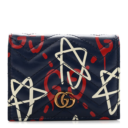 Gucci Calfskin Matelasse GucciGhost GG Marmont Card Case Blue Agata Hibiscus Red 1 of 9