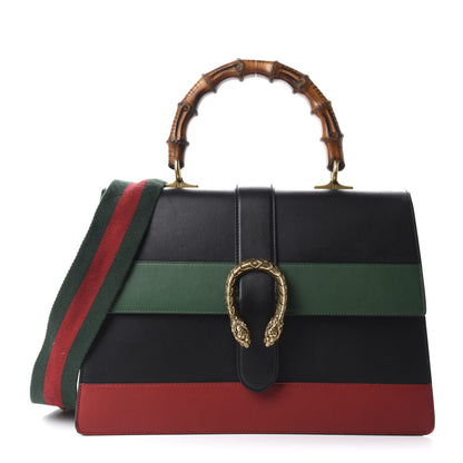 Gucci Calfskin Bamboo Web Large Dionysus Top Handle Bag Black Bright Evergreen Hibiscus Red 1 of 12