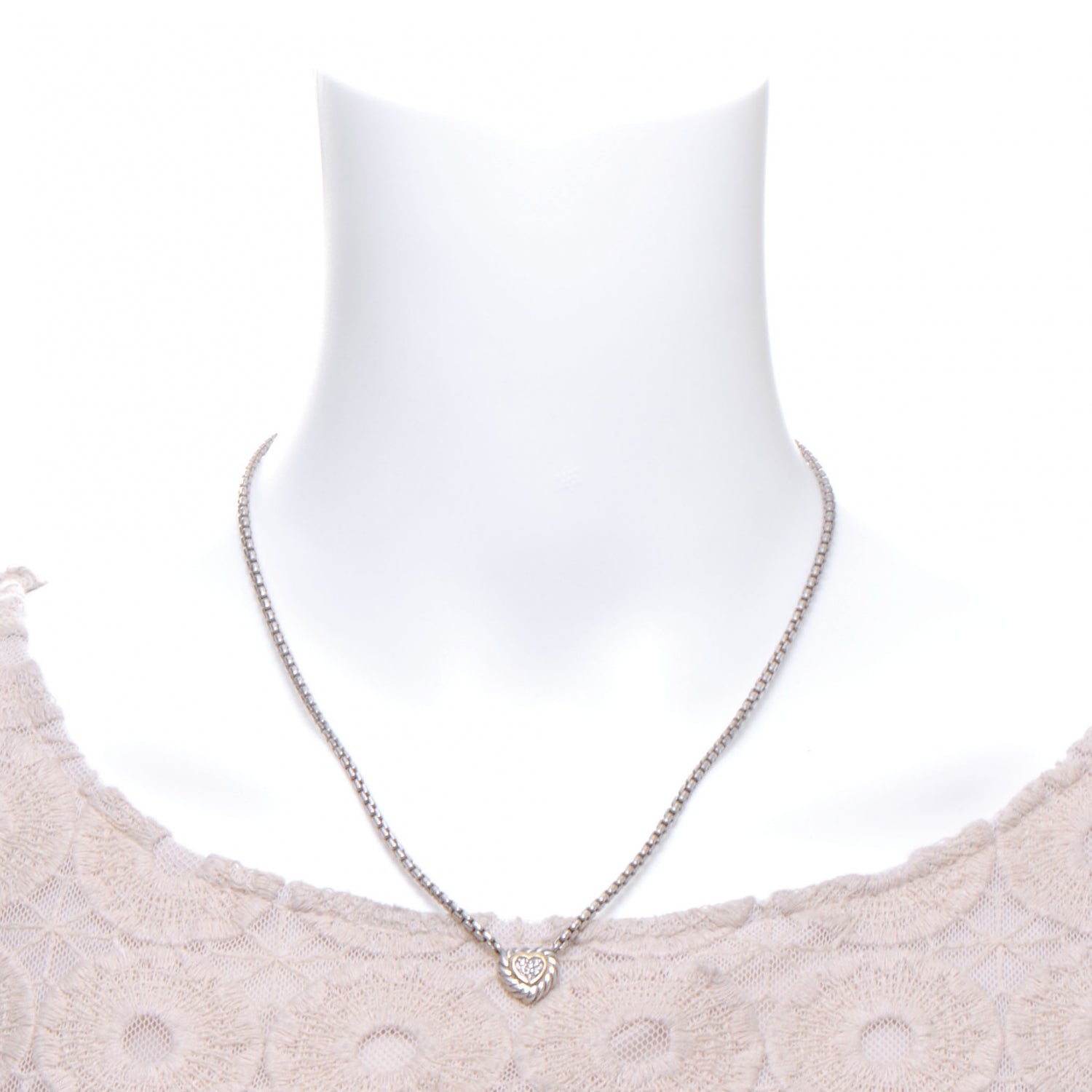 David Yurman Sterling Silver 18K Yellow Gold Diamond Pave Cable Heart Pendant Necklace 2 of 4