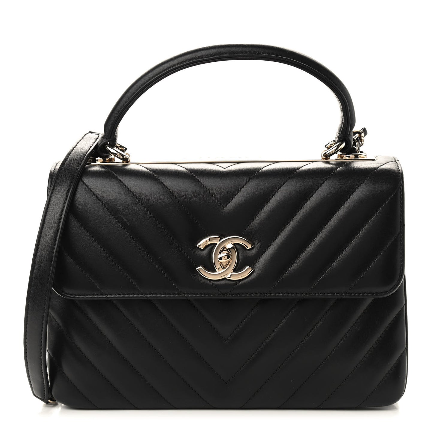 Lambskin Chevron Quilted Small Trendy CC Dual Handle Flap Bag Black