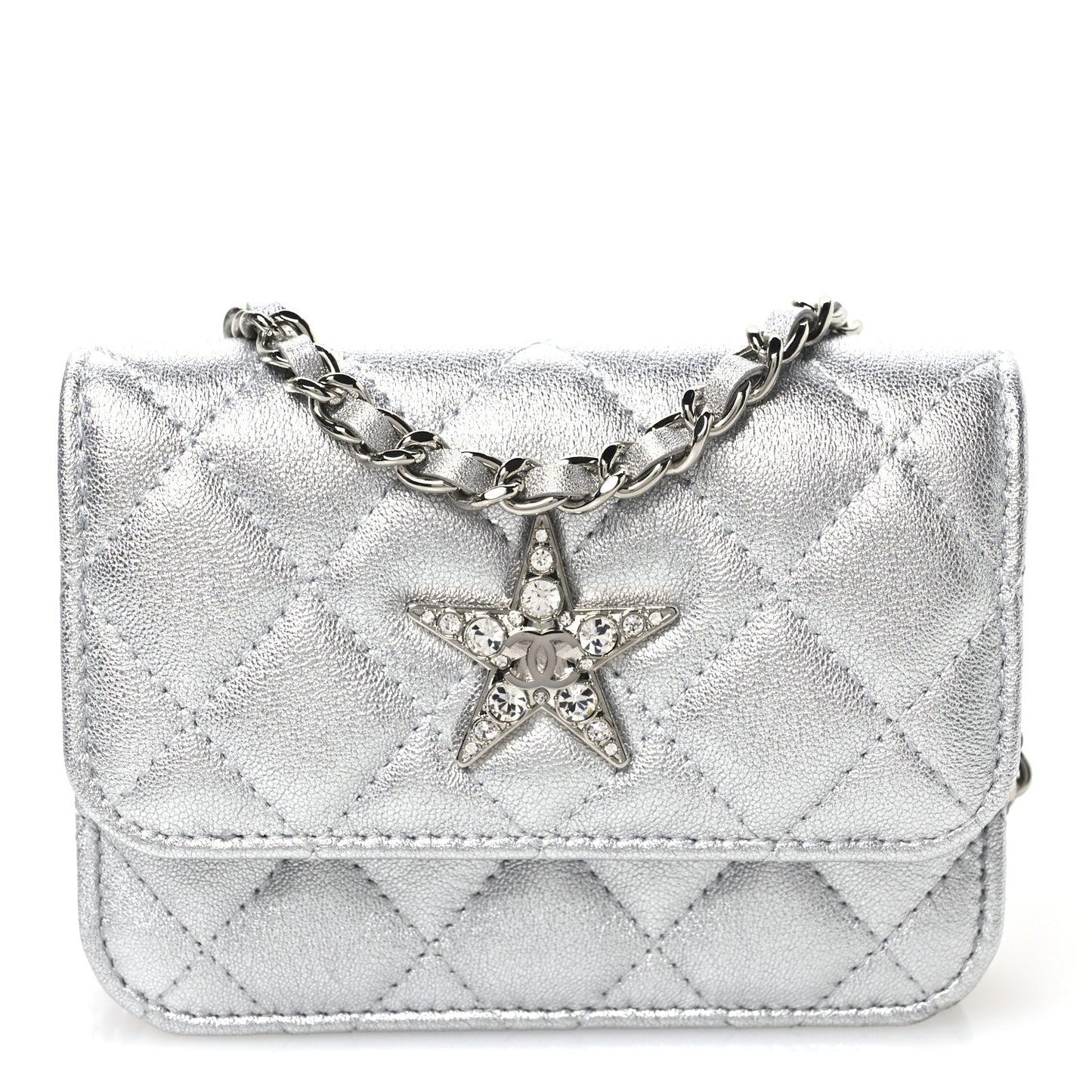 Metallic Goatskin Quilted Crystal CC Walk Of Fame Clutch With Chain Silver