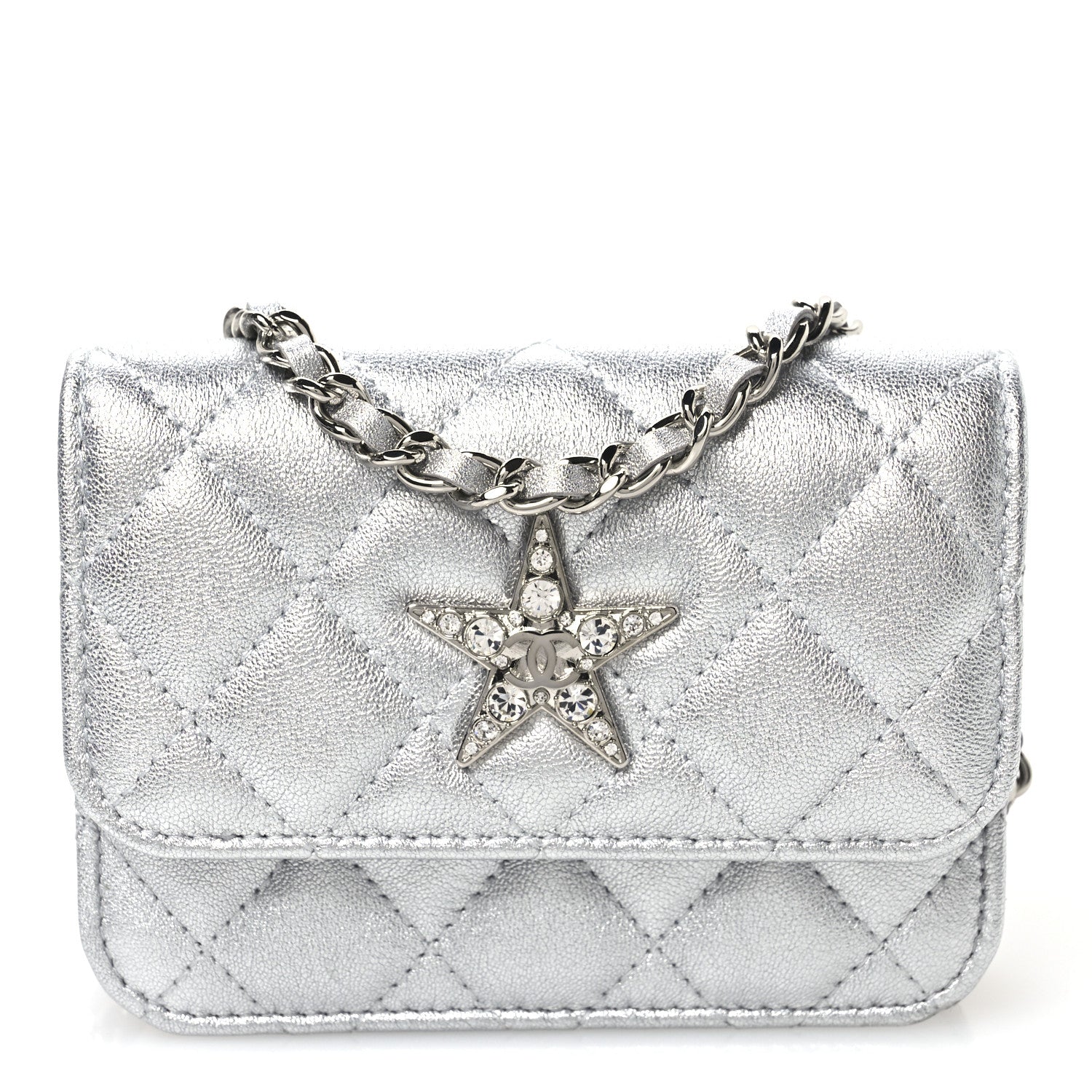Chanel Metallic Goatskin Quilted Crystal CC Walk Of Fame Clutch With Chain Silver 8 of 11