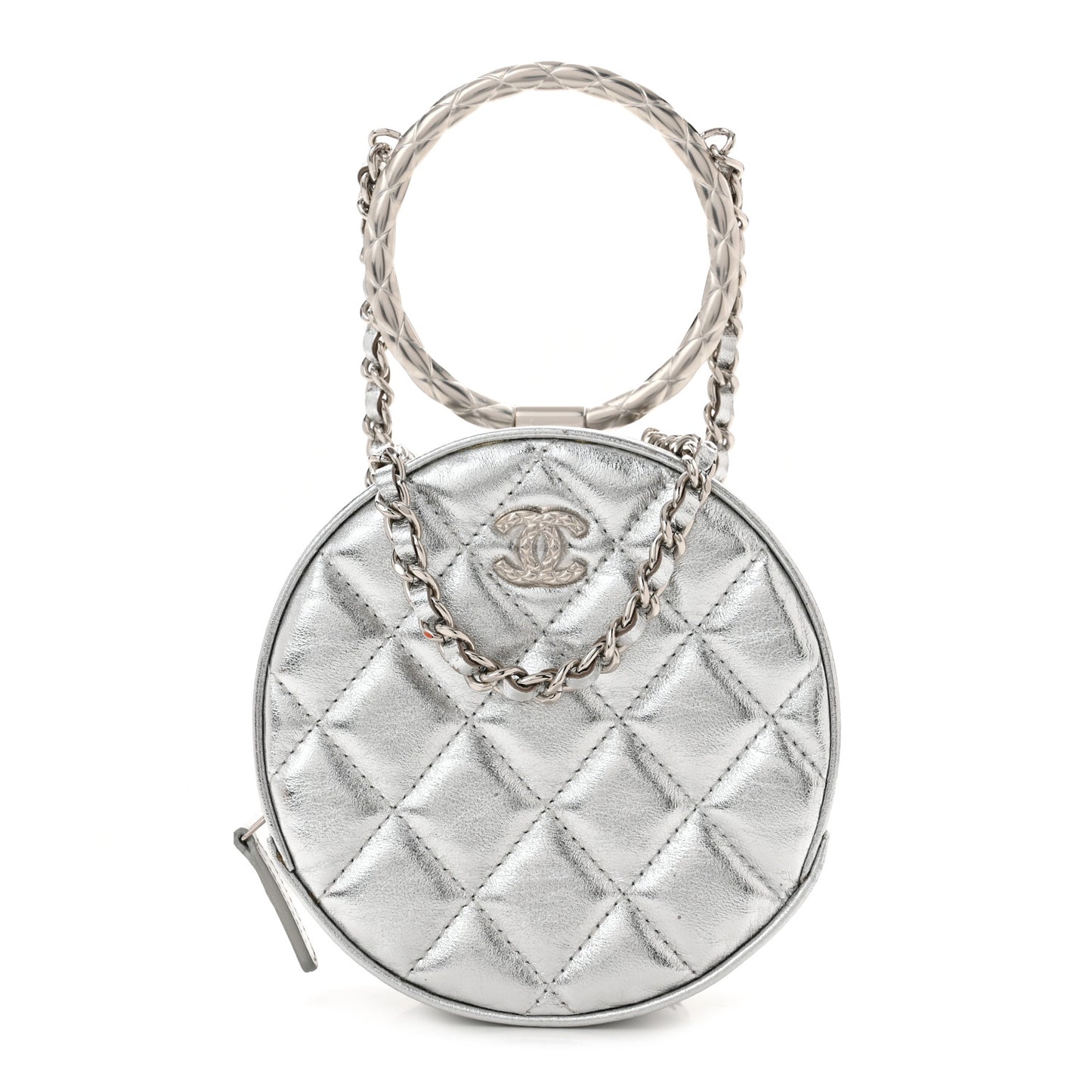 Metallic Calfskin Quilted Round Bracelet Clutch With Chain Silver