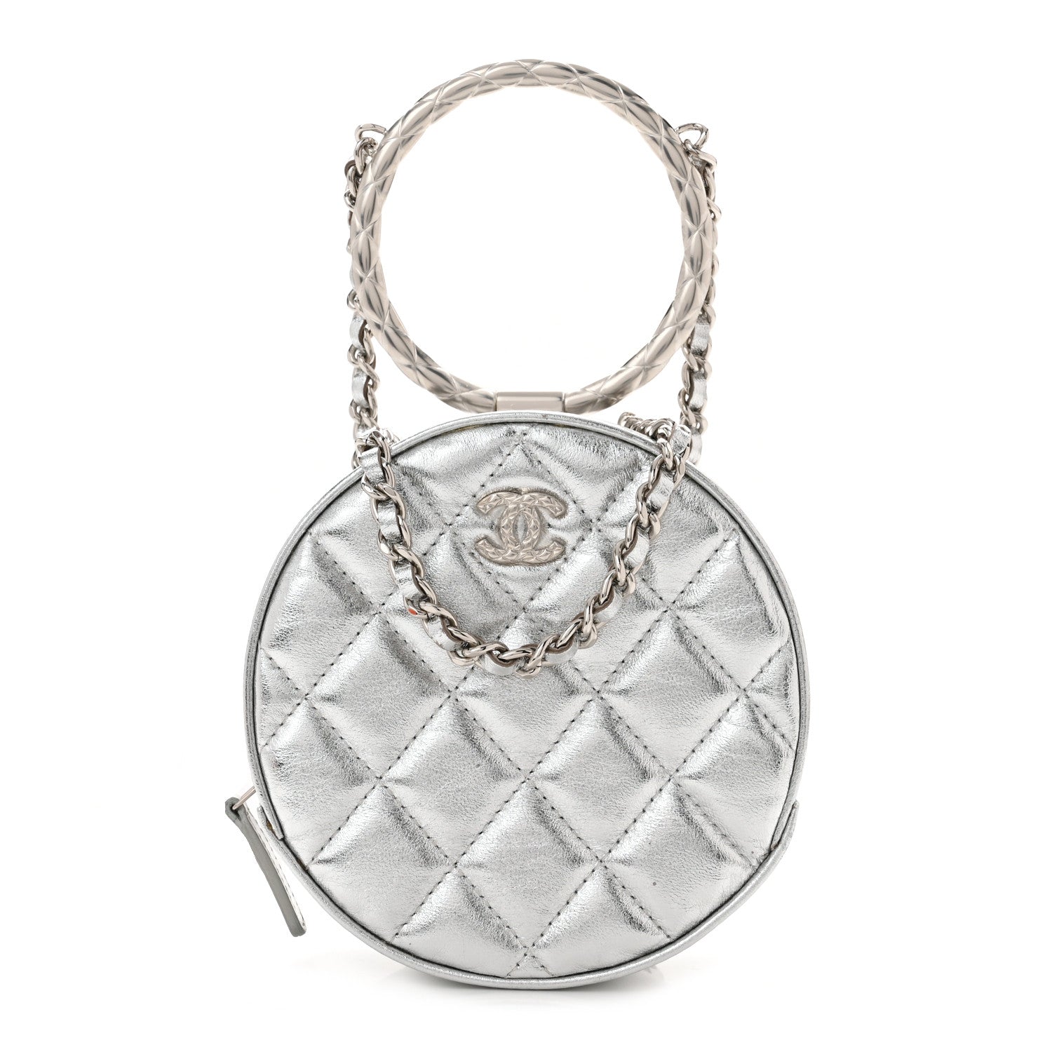 Chanel Metallic Calfskin Quilted Round Bracelet Clutch With Chain Silver 1 of 10