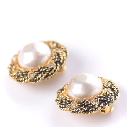 Chanel Pearl Crystal Clip On Earrings Gold 4 of 6