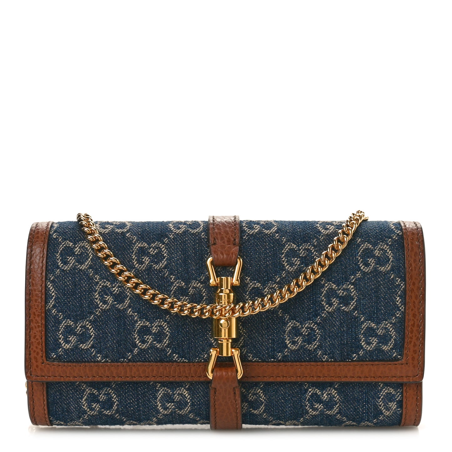New Denim GG Monogram Jackie 1961 Chain Wallet Blue Tea Cuir