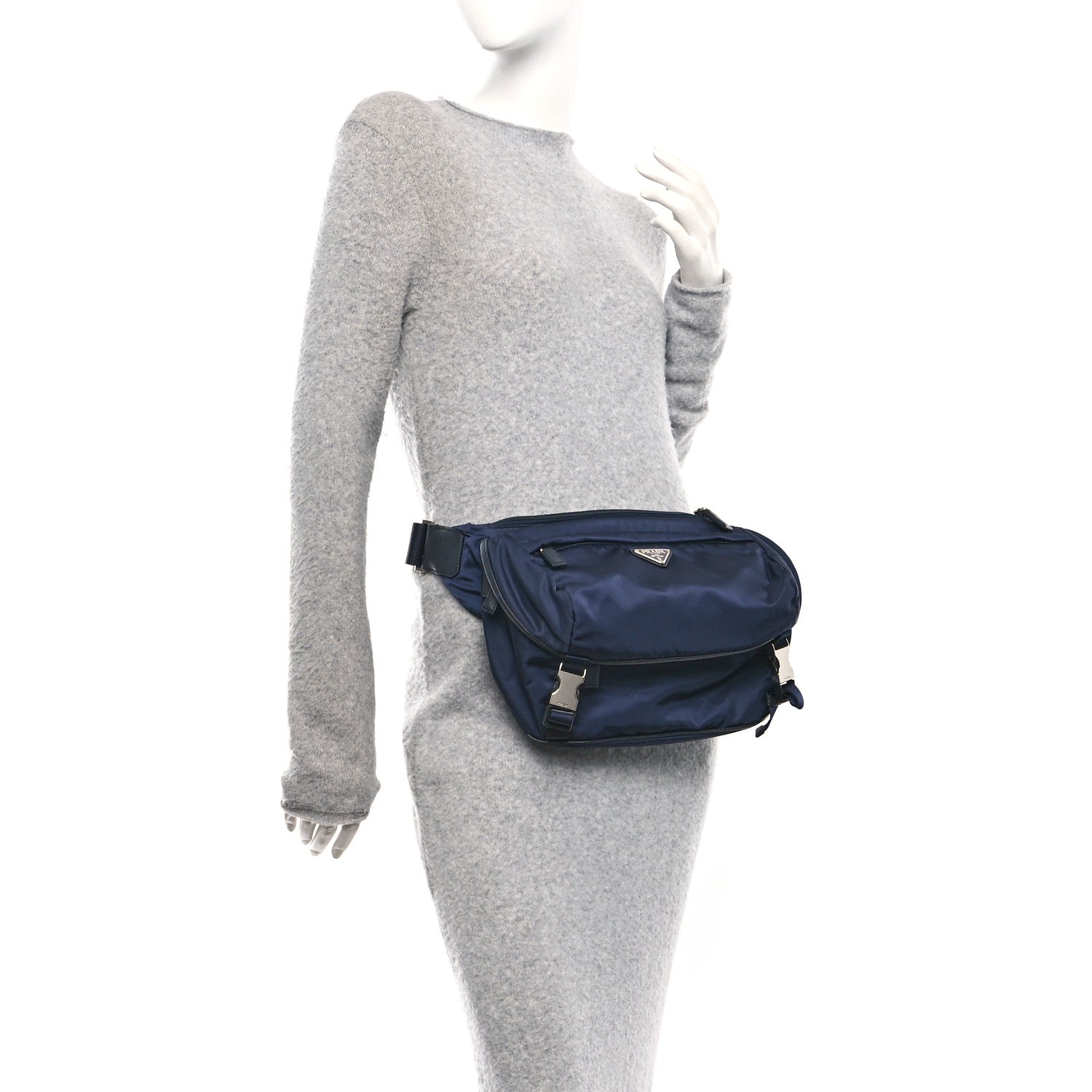 Prada Re-Nylon Saffiano Double Snap Buckle Zip Flap Shoulder Bag Bleu 2 of 11