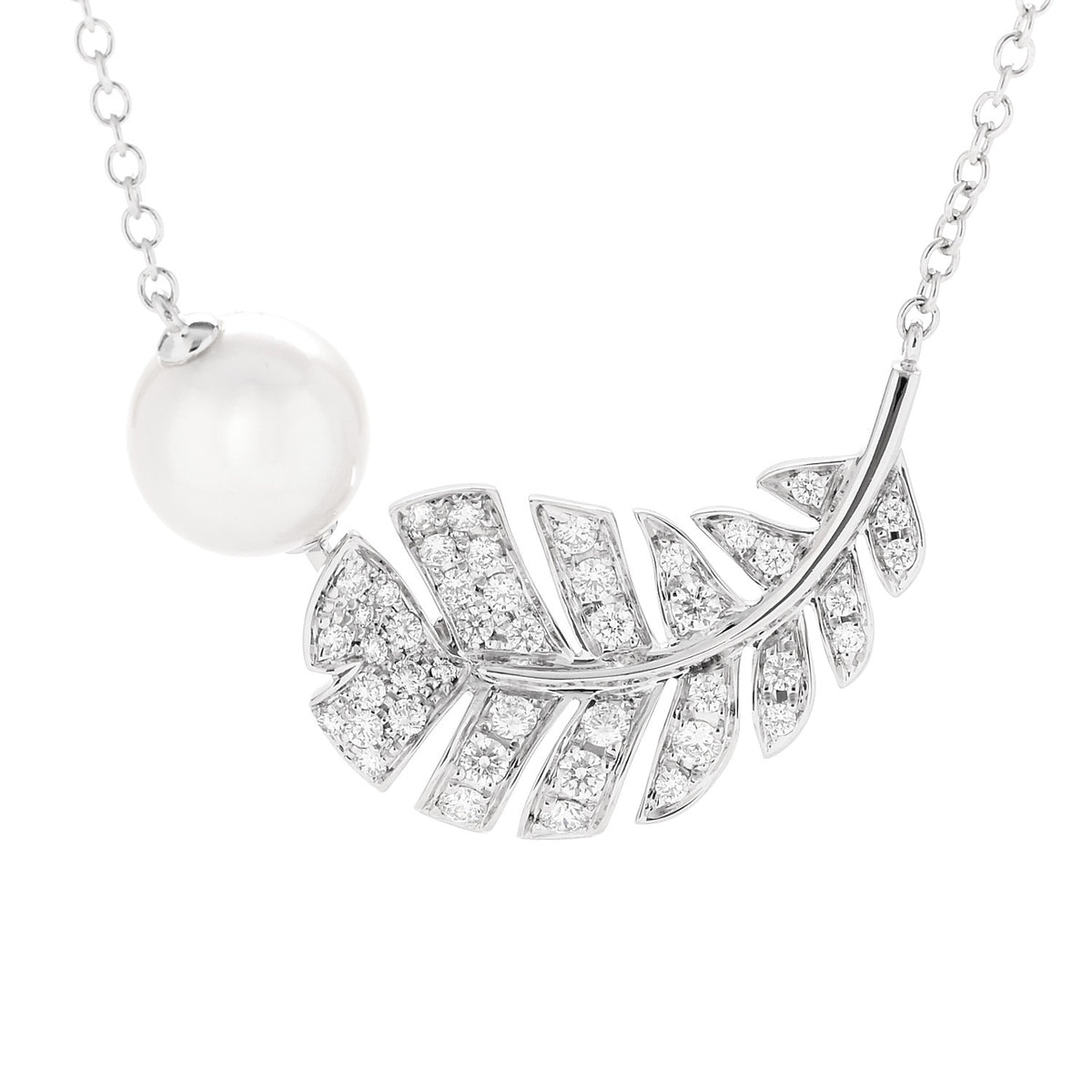 18K White Gold Diamond Cultured Pearl Plume De Chanel Necklace