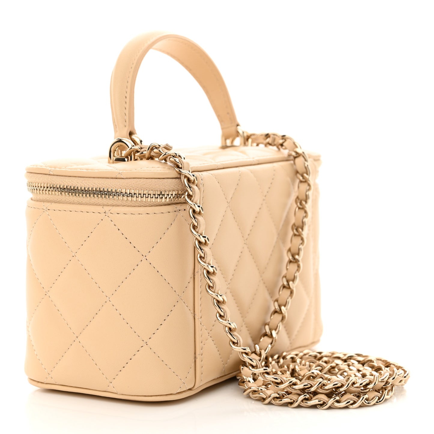 Lambskin Quilted Small Top Handle Vanity Case With Chain Beige