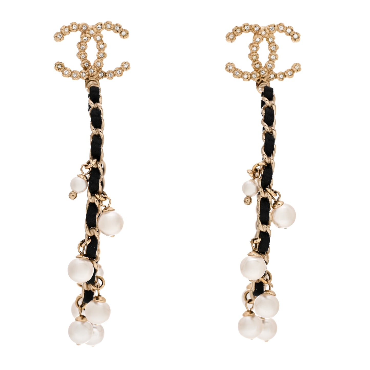 Lambskin Pearl Crystal CC Chain Hoop Earrings Gold Black