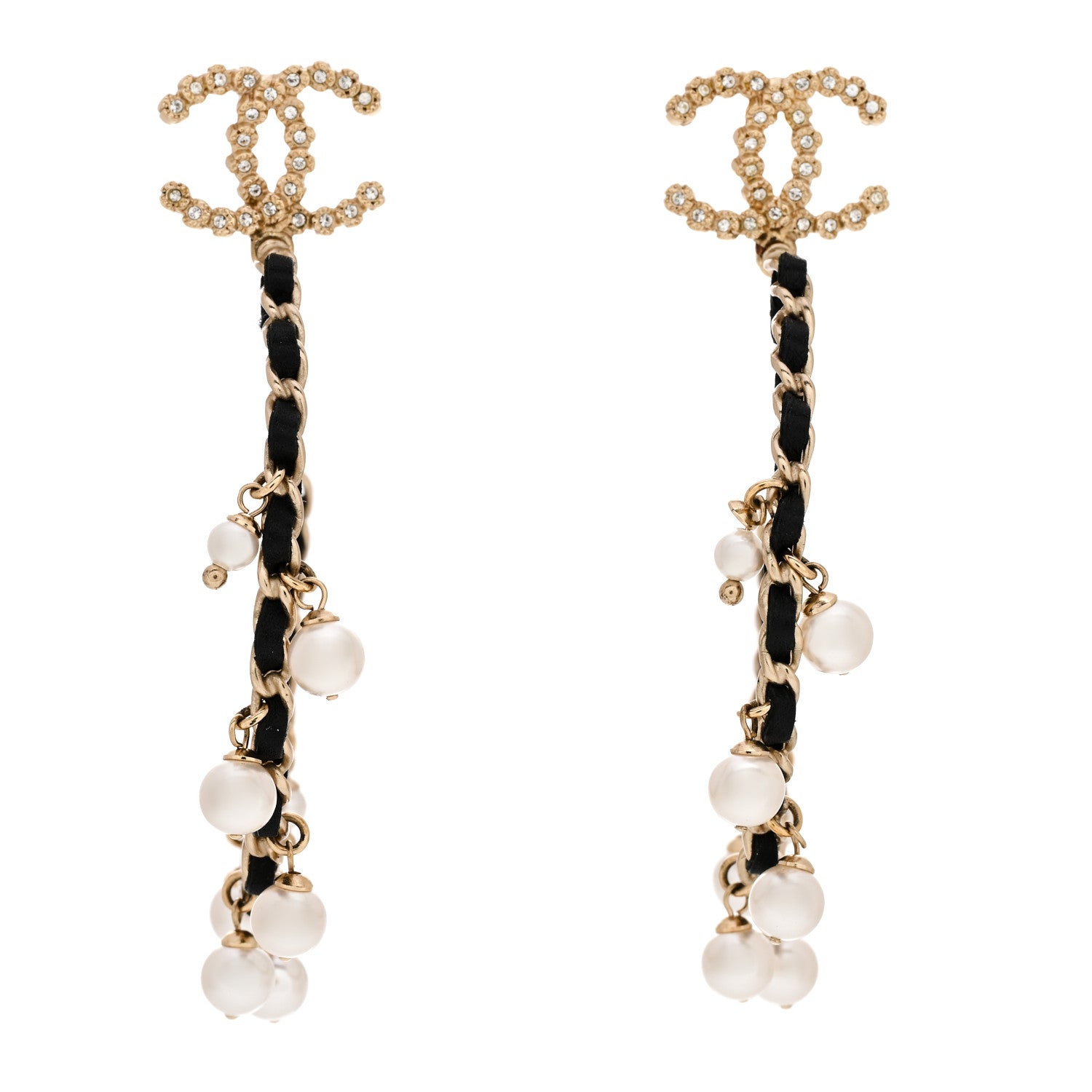 Chanel Lambskin Pearl Crystal CC Chain Hoop Earrings Gold Black 1 of 4