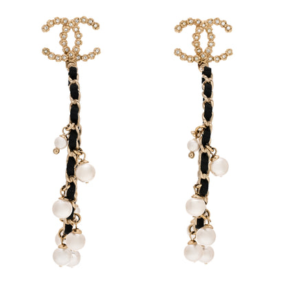 Chanel Lambskin Pearl Crystal CC Chain Hoop Earrings Gold Black 1 of 4