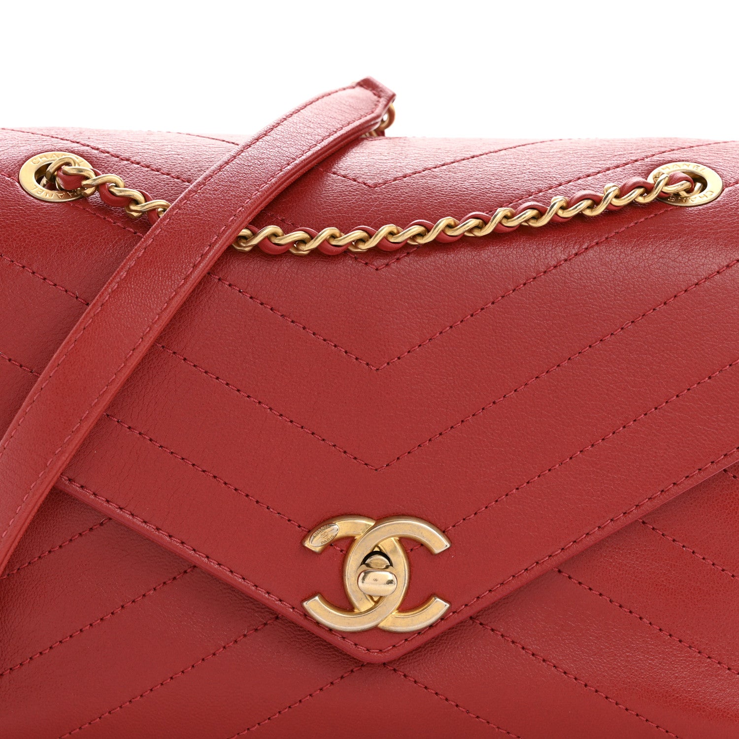 Chanel Lambskin Chevron Stitched Envelope Flap Bag Red 8 of 13
