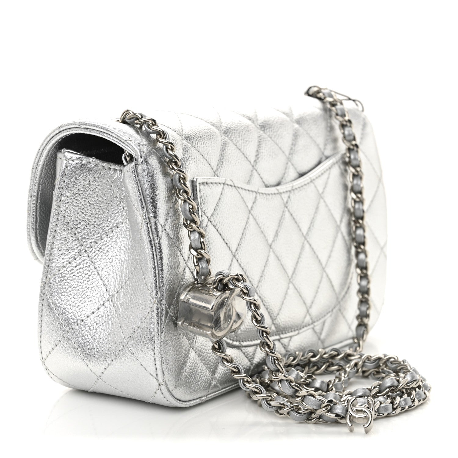 Chanel Metallic Caviar Quilted Mini Rectangular CC Slide Flap Silver 3 of 11