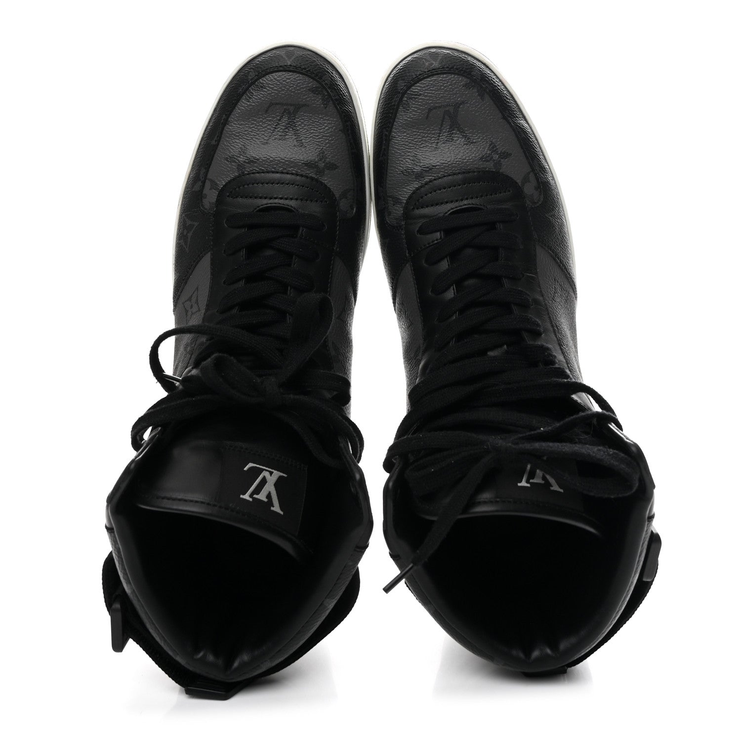 Louis Vuitton Calfskin Monogram Eclipse Mens Rivoli High Top Sneakers 10 Black Grey 2 of 9