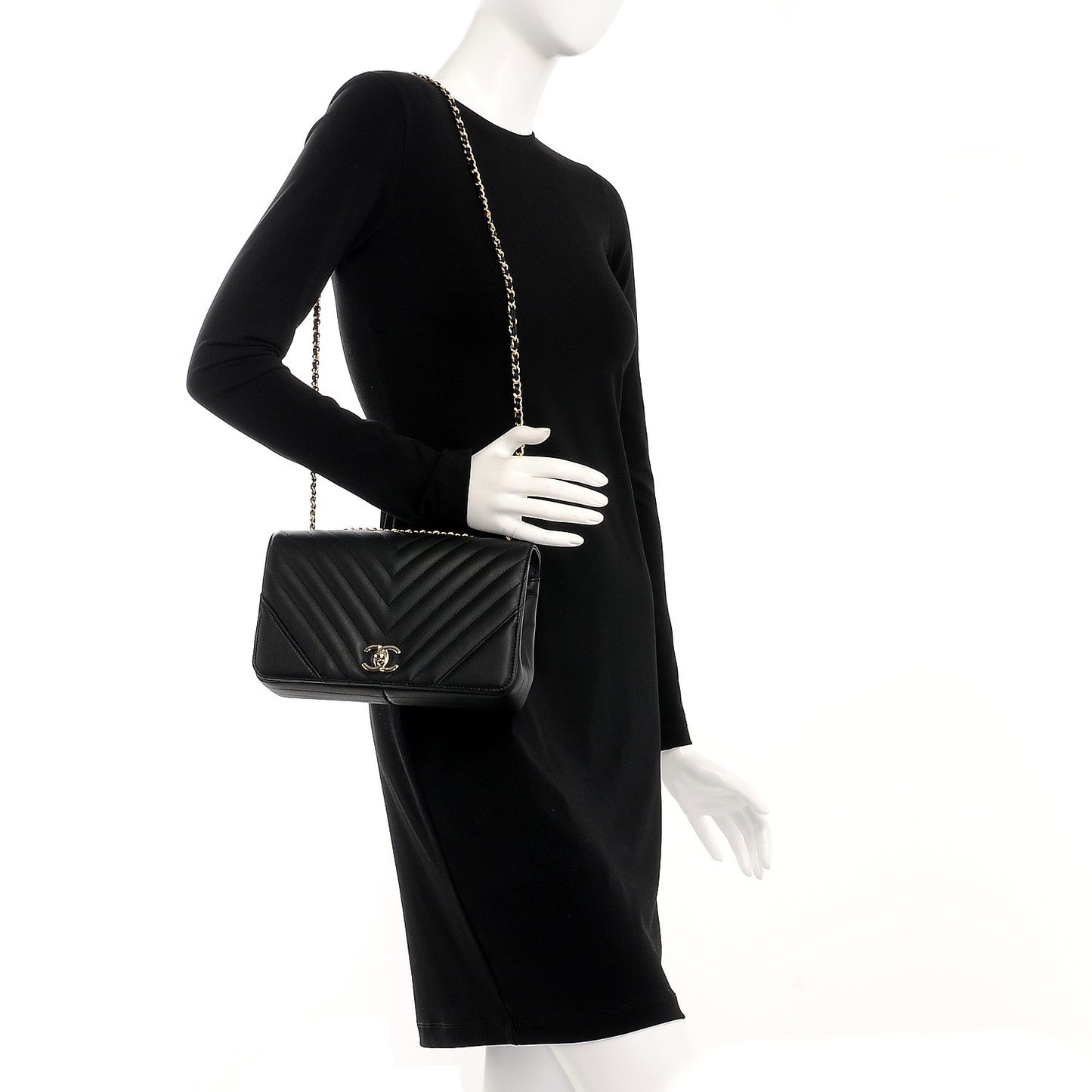 Calfskin Chevron Quilted Small Statement Flap Black