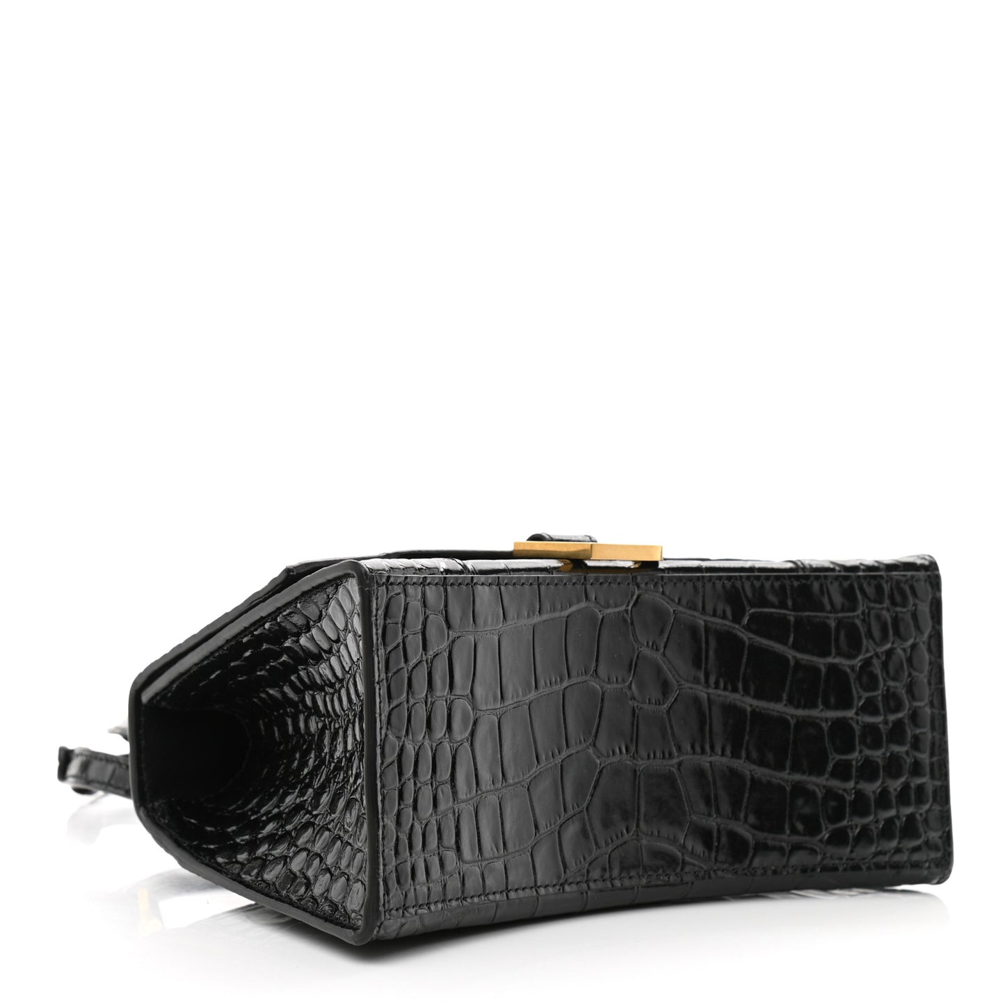 Shiny Calfskin Crocodile Embossed Small Hourglass Top Handle Bag Black