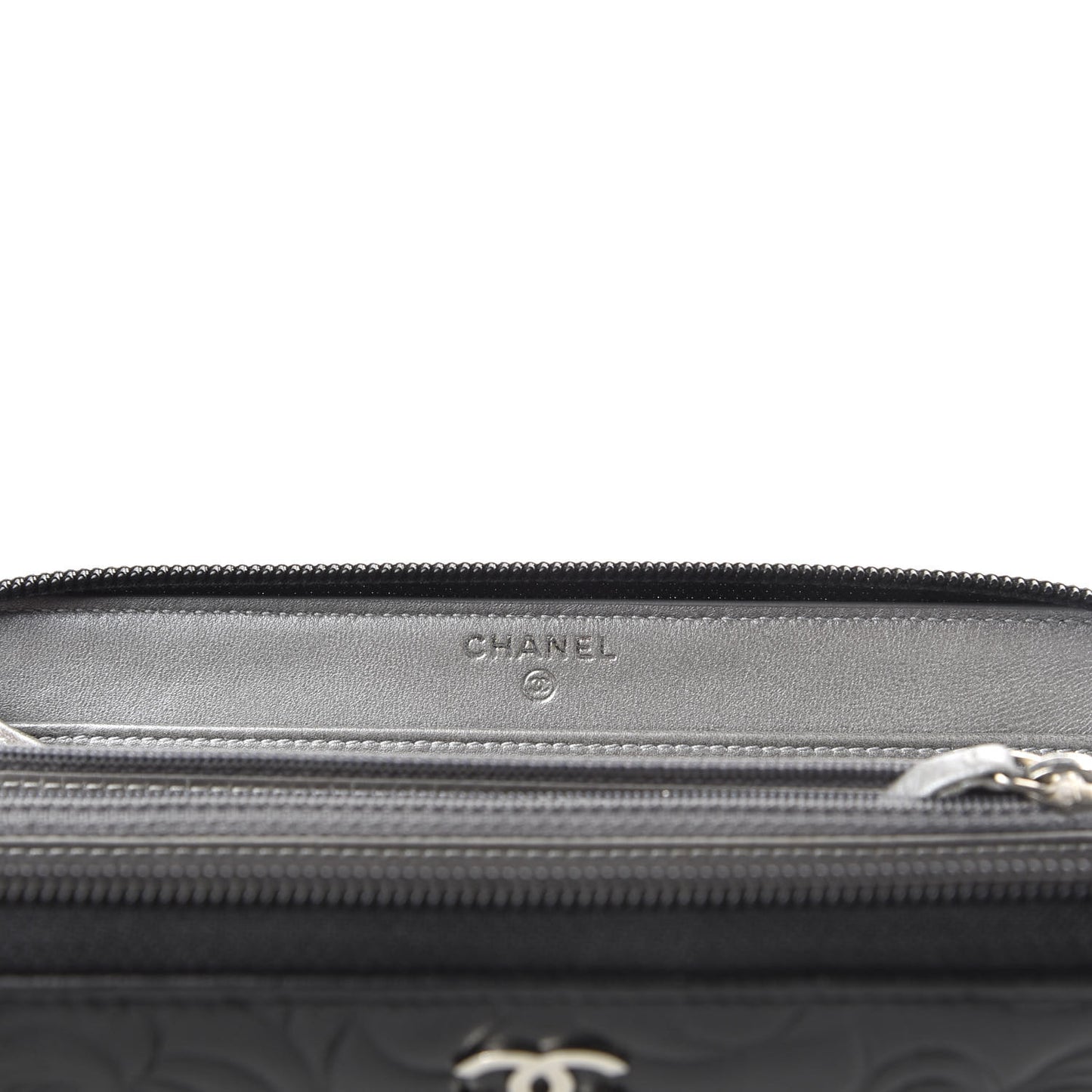 Lambskin Camellia Embossed Large Zip Around Gusset Wallet Black