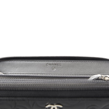 Chanel Lambskin Camellia Embossed Large Zip Around Gusset Wallet Black 6 of 8