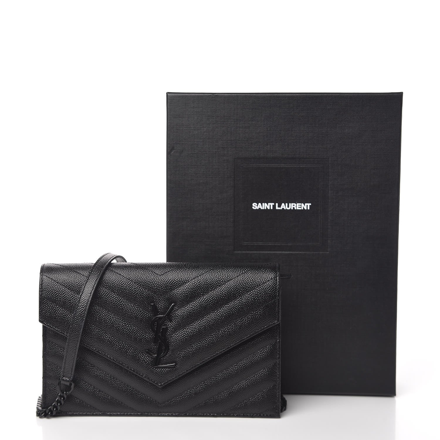 Saint Laurent Grain De Poudre Matelasse Chevron Monogram Envelope Chain Wallet Black 14 of 14