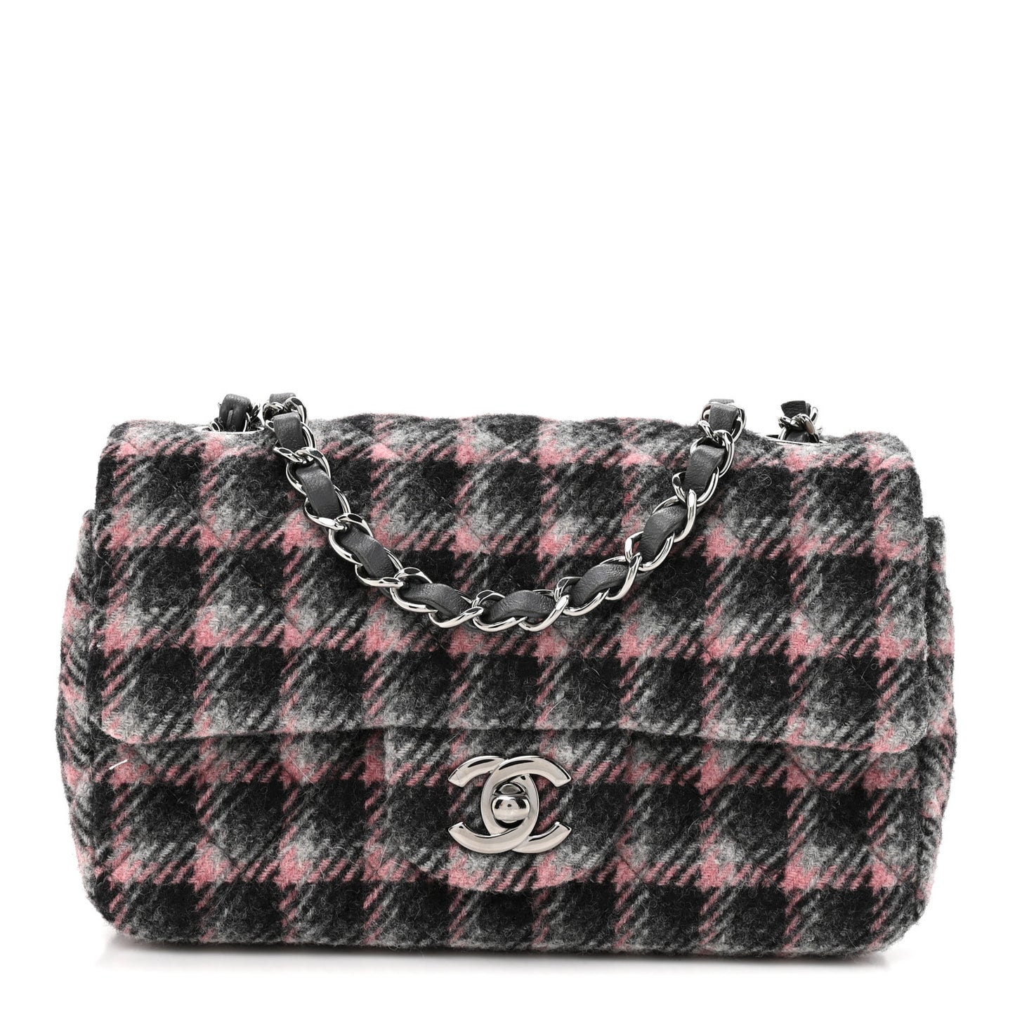 Wool Plaid Quilted Mini Rectangular Flap Pink Grey Multicolor