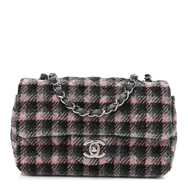 Chanel Wool Plaid Quilted Mini Rectangular Flap Pink Grey