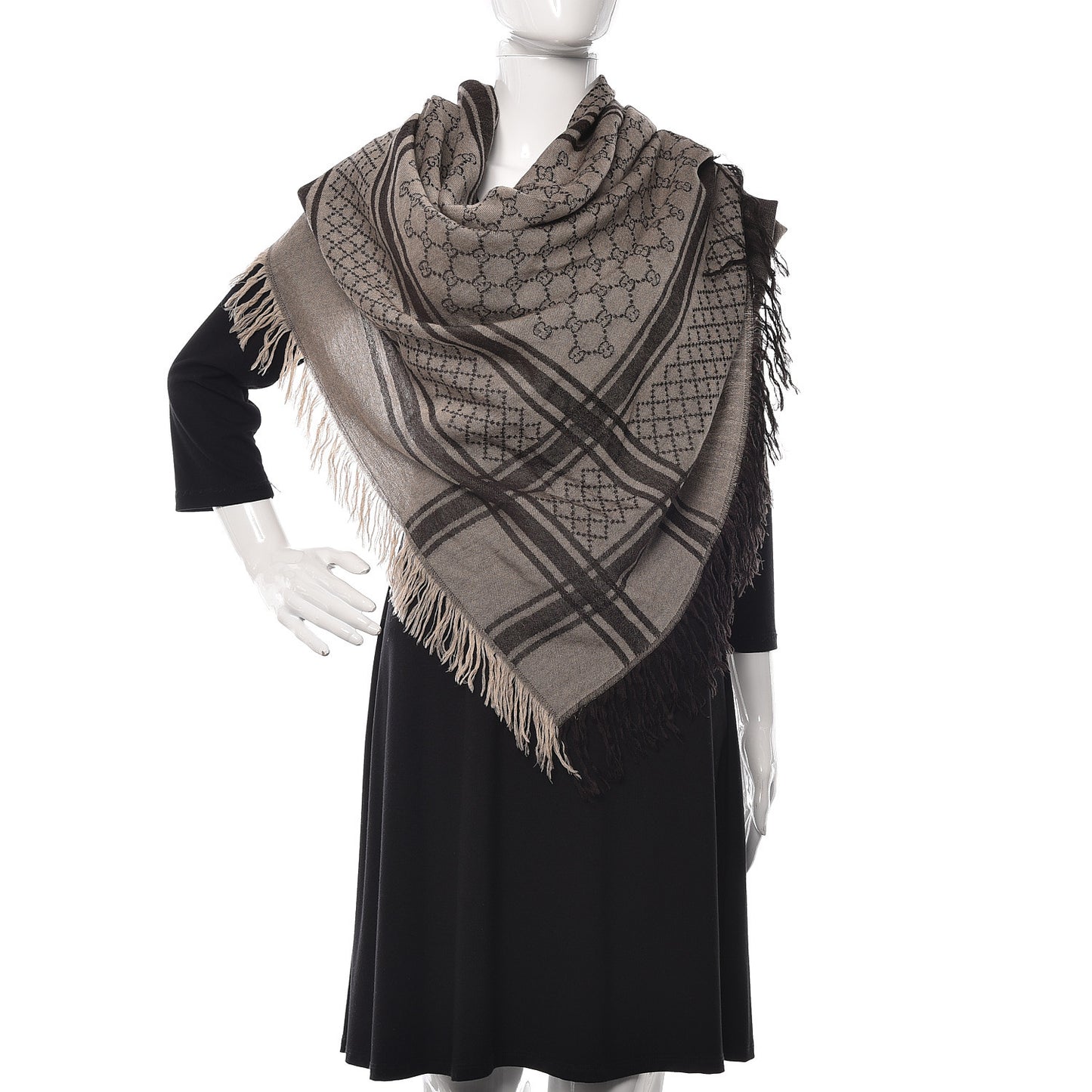 Wool Silk GG Monogram Diamante Plaid Surviee Shawl Beige Dark Brown