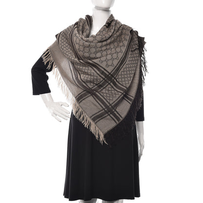 Gucci Wool Silk GG Monogram Diamante Plaid Surviee Shawl Beige Dark Brown 2 of 4