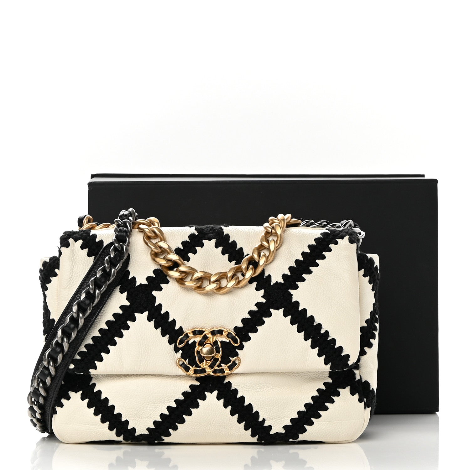 Chanel Calfskin Crochet Medium Chanel 19 Flap White Black 13 of 13
