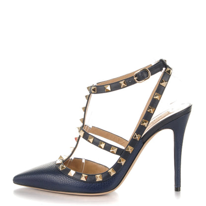 Valentino Garavani Pebbled Calfskin Rockstud Ankle Strap 100mm Pumps 40 Marine 1 of 6