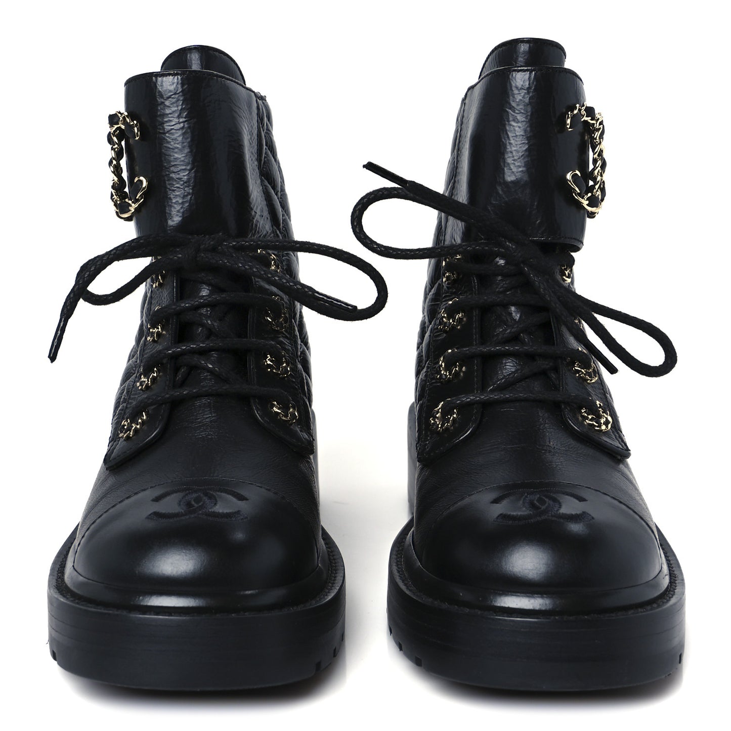 Shiny Calfskin Quilted Lace Up Combat Boots 37 Black