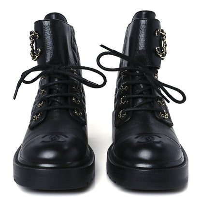 Chanel Shiny Calfskin Quilted Lace Up Combat Boots 37 Black 3 of 11