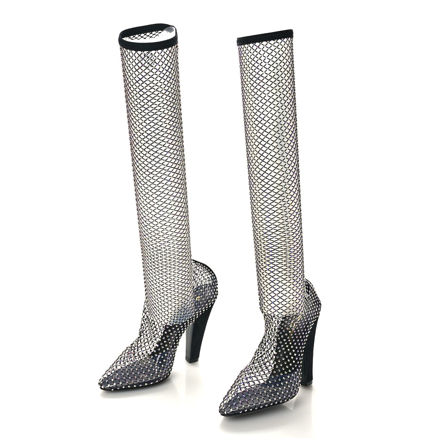 Saint Laurent Mesh Crystal Koller 100 Knee High Boots 37 Black 3 of 7