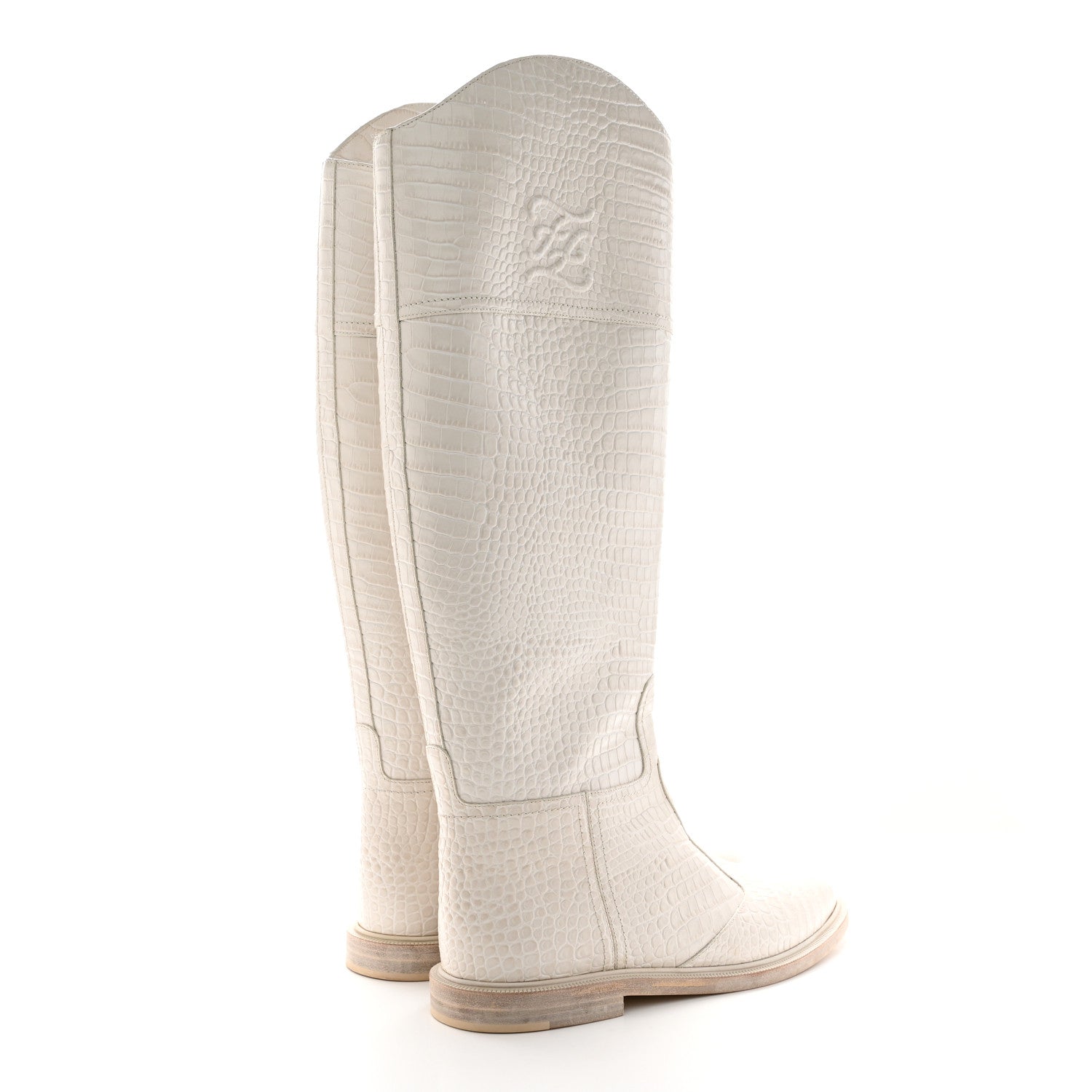Fendi Calfskin Crocodile Embossed Karligraphy Logo Riding Boots 40.5 White 4 of 16
