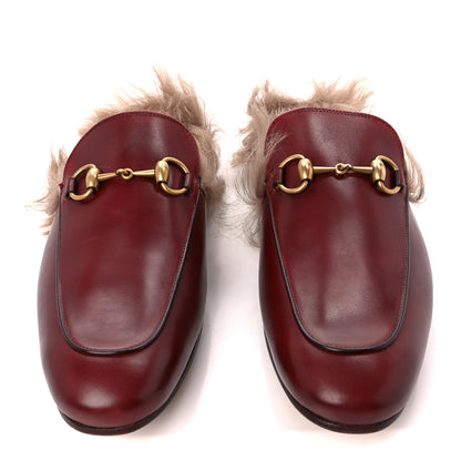 Gucci Betis Glamour Calfskin Granada Kid Fur Mens Princetown Slippers 8 Ruby Bordeaux Naturale 2 of 9