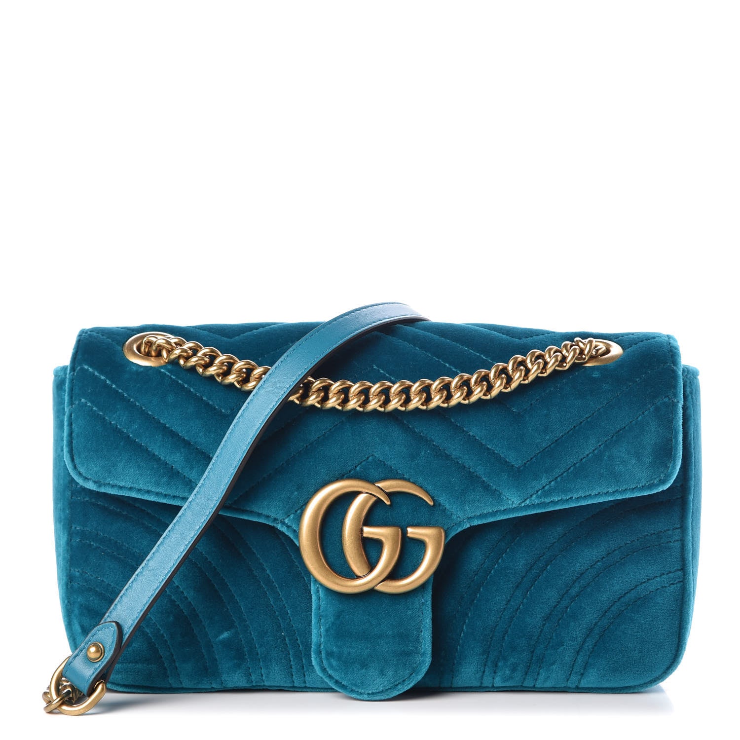 Gucci Velvet Matelasse Small GG Marmont Shoulder Bag Pavone Cyan 1 of 7