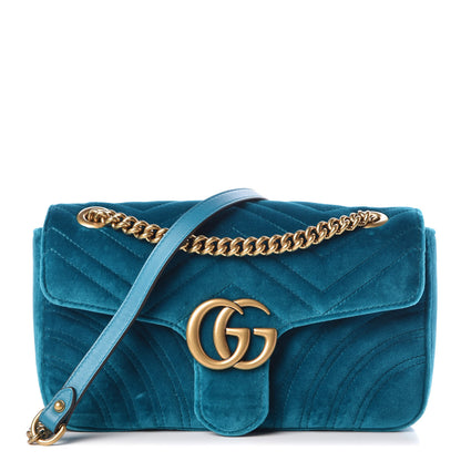 Gucci Velvet Matelasse Small GG Marmont Shoulder Bag Pavone Cyan 1 of 7