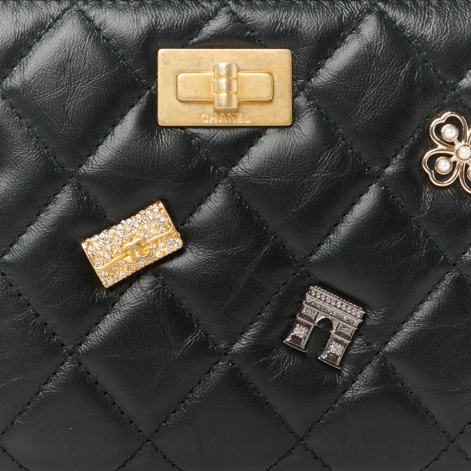 Chanel Aged Calfskin Quilted Lucky Charms 2.55 Reissue Zip Around Wallet Black 9 of 10