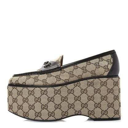 Gucci Monogram Horsebit Calfskin Womens Horsebit Wedge Platform Loafers 40 Beige Blue 1 of 9