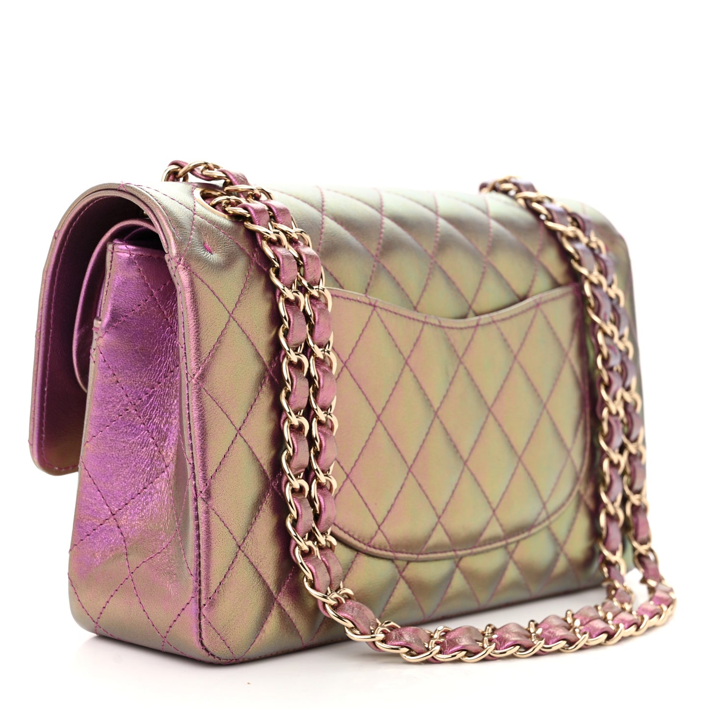 Iridescent Lambskin Quilted Medium Double Flap Purple