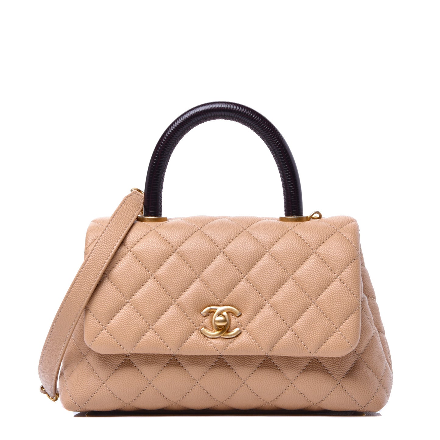 Caviar Lizard Embossed Quilted Mini Coco Handle Flap Beige