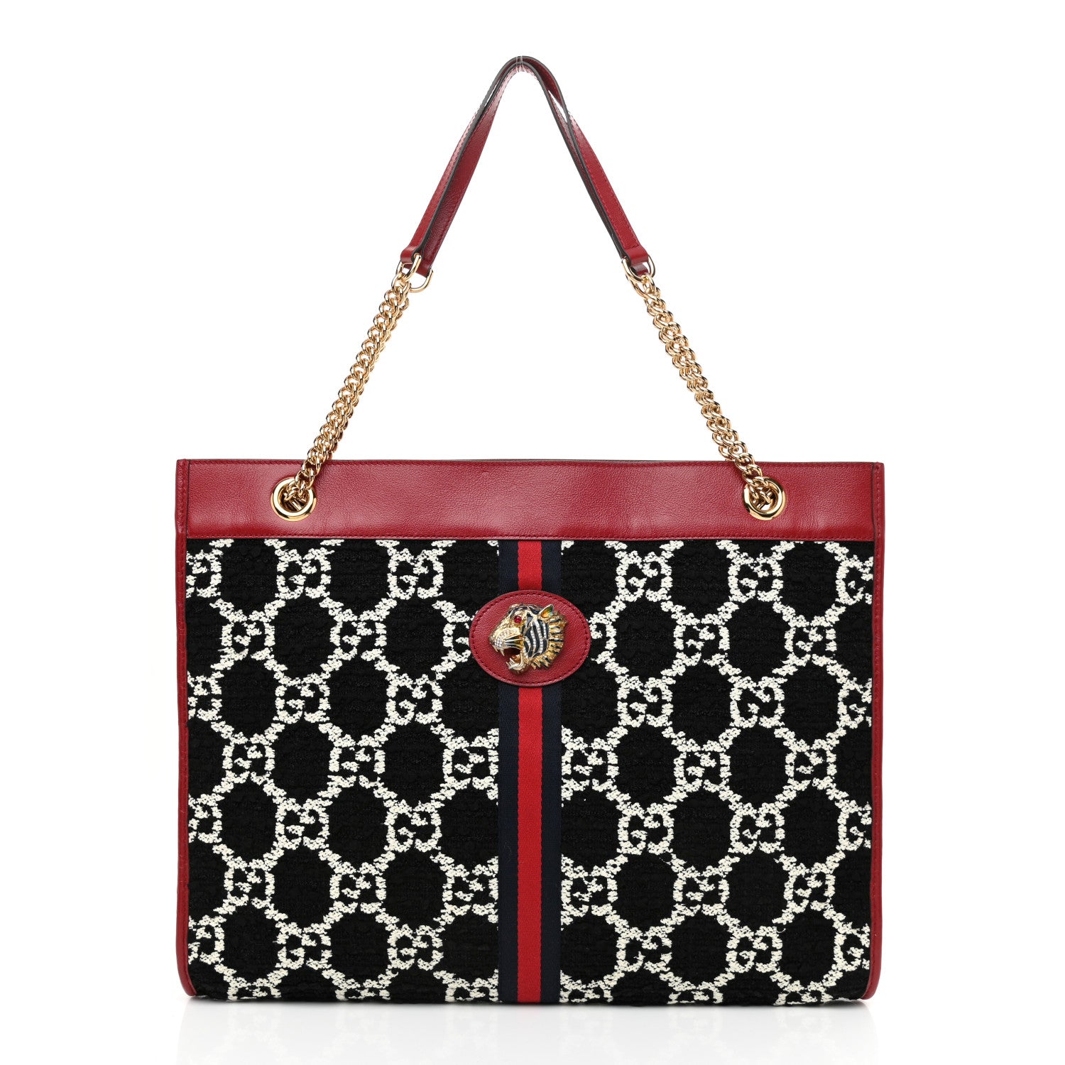 Gucci Tweed GG Monogram Large Rajah Chain Tote Romantic Cherry Black White 3 of 11