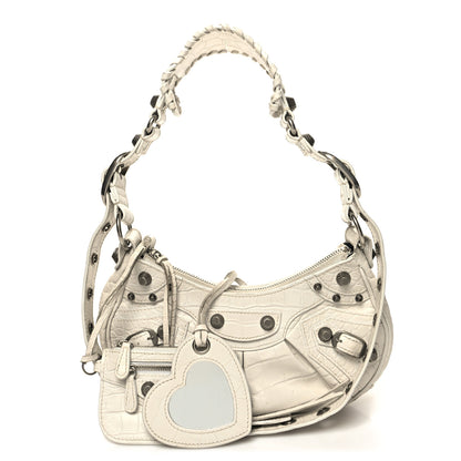 Balenciaga Extra Supple Calfskin Crocodile Embossed Le Cagole Shoulder Bag XS White 1 of 15