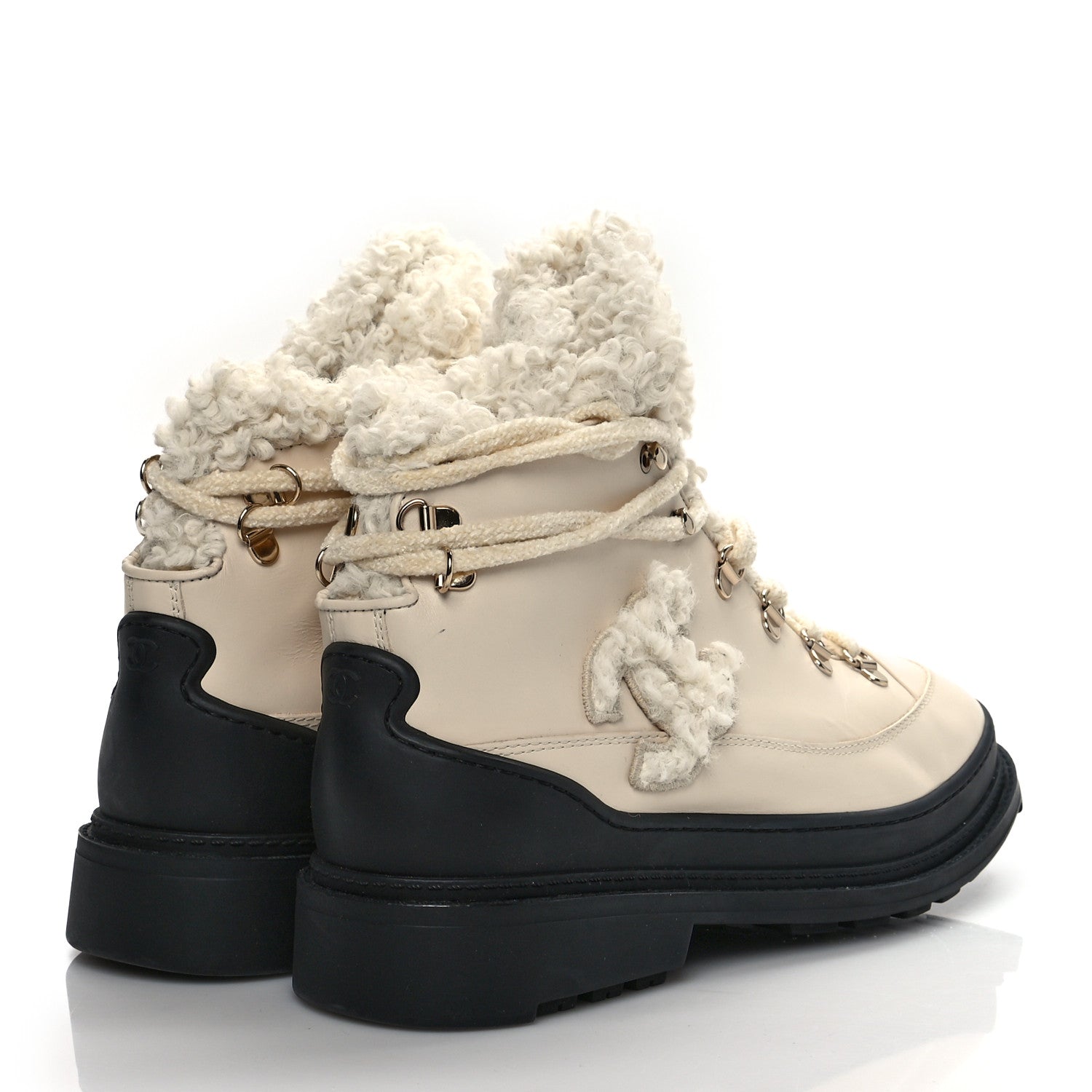 Chanel Calfskin Shearling CC Lace Up Boots 40.1 Light Beige Ivory 4 of 10