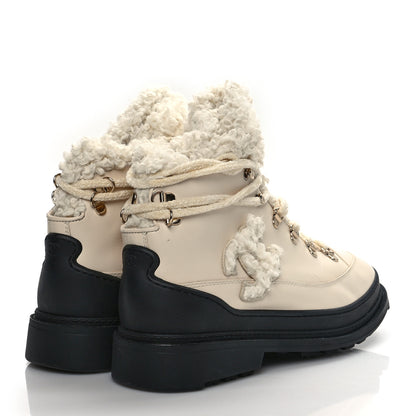 Chanel Calfskin Shearling CC Lace Up Boots 40.1 Light Beige Ivory 4 of 10