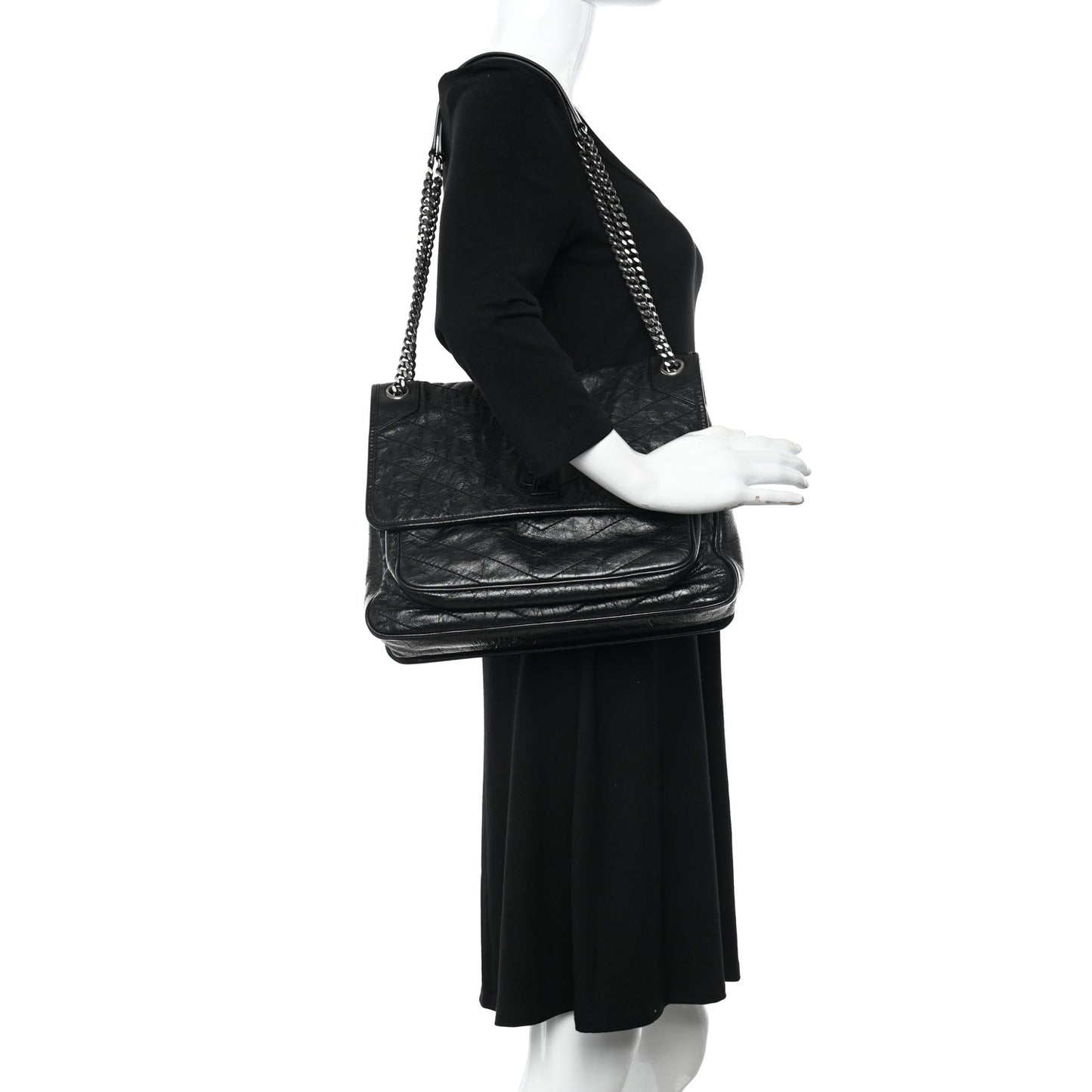 Crinkled Calfskin Matelasse Monogram Large Niki Chain Satchel Black