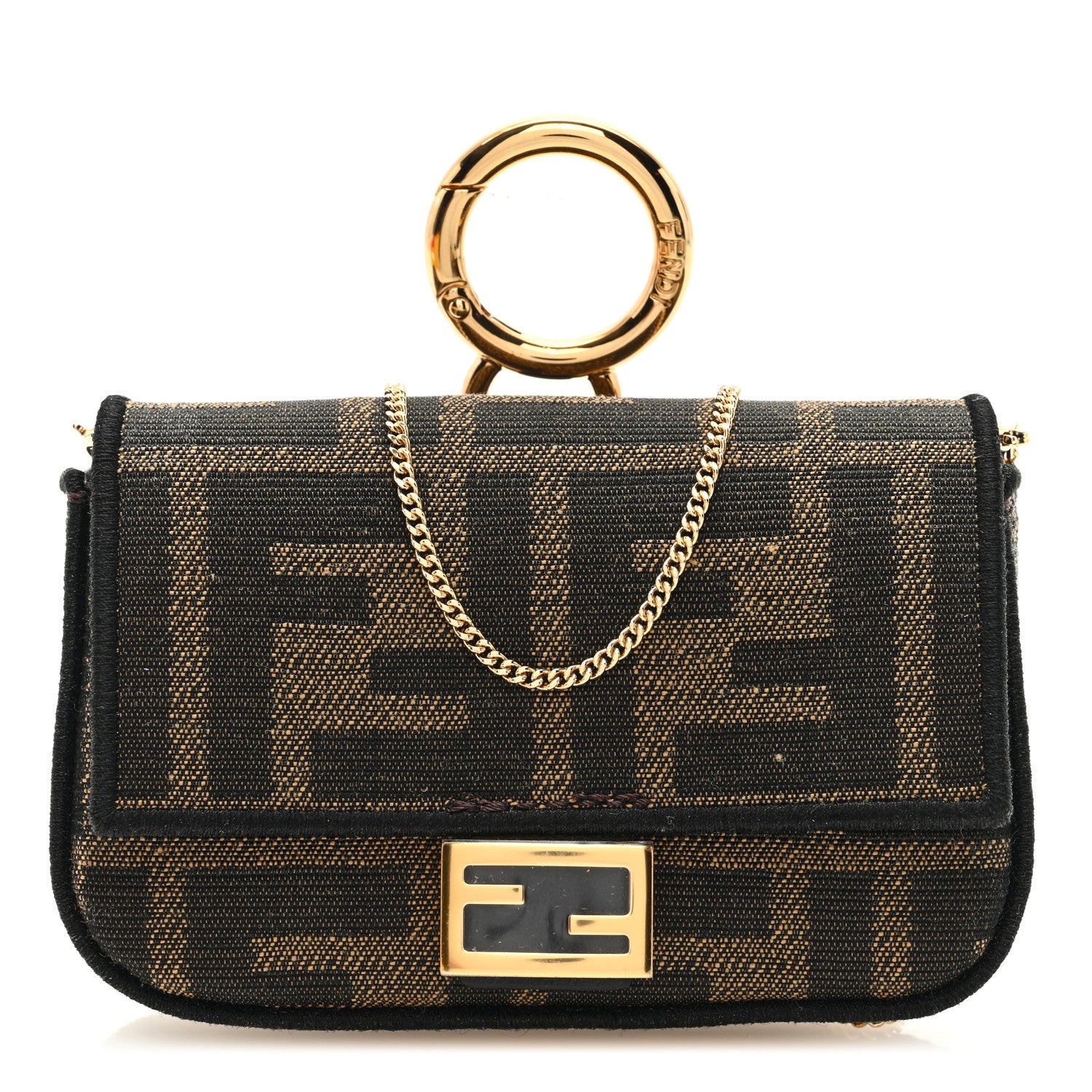 Fendi Fabric Jacquard FF 1974 Nano Baguette Charm Tobacco Moro Black 1 of 7
