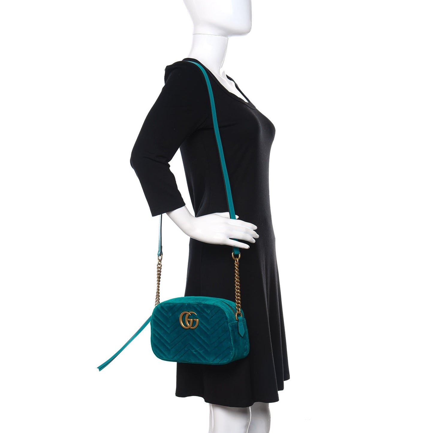 Velvet Matelasse Small GG Marmont Chain Shoulder Bag Pavone Cyan