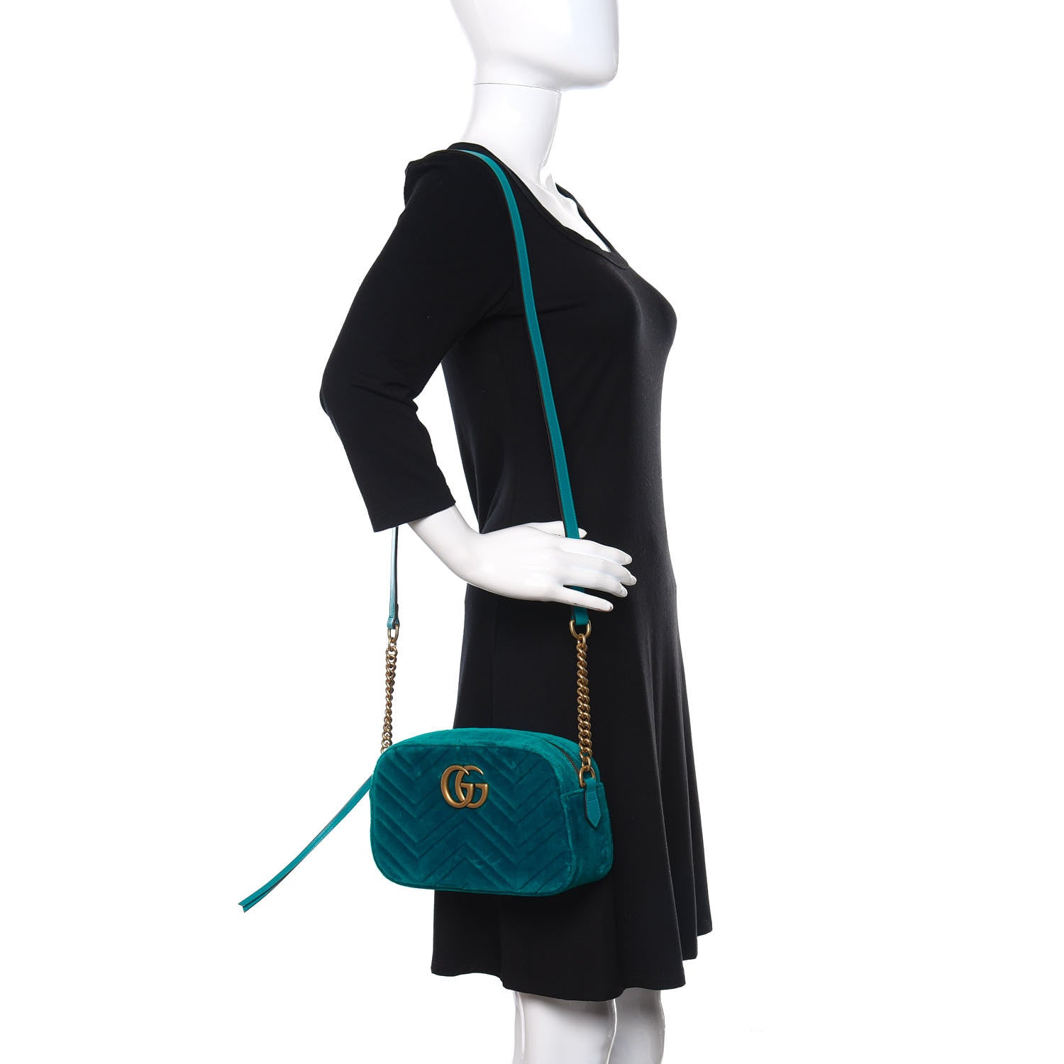 Gucci Velvet Matelasse Small GG Marmont Chain Shoulder Bag Pavone Cyan 2 of 10